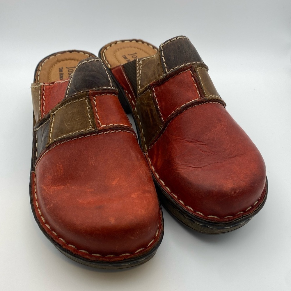 Josef Seibel Rebecca orange and brown patch leather clog, new. Size 37 or 6